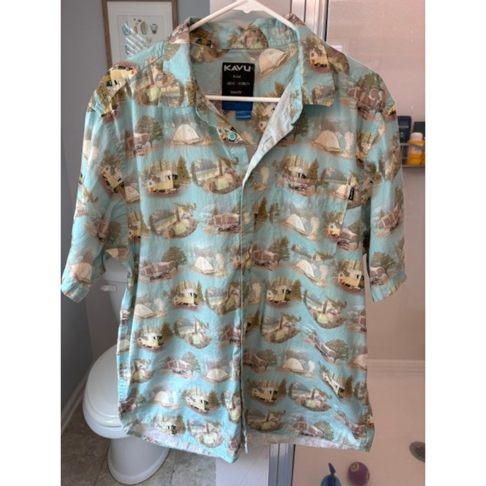 KAVU Klear Local Worldwide Camping Print‎ Button Up Shirt Men's XL 100% Cotton